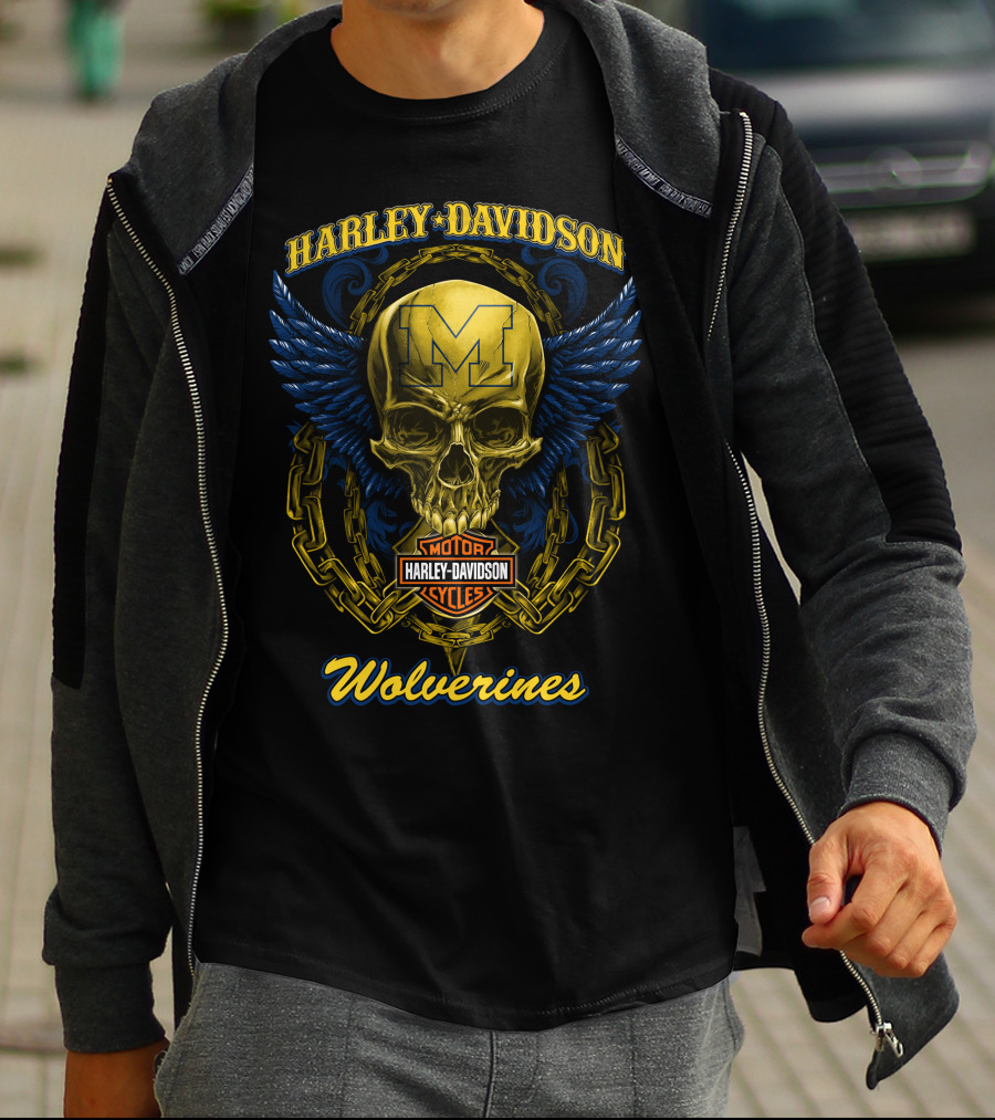 Harley Davidson Michigan Wolverines Skull Logo With Chain And Wings T-Shirt