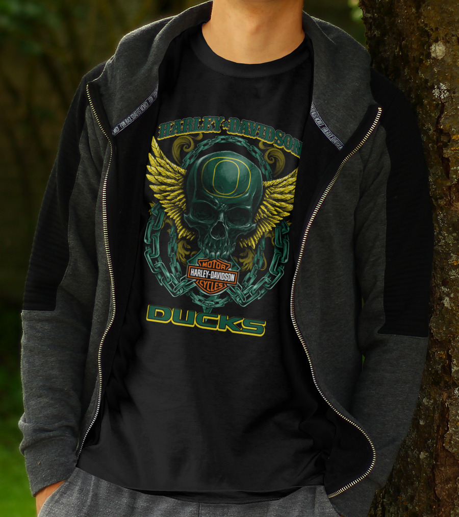 Harley Davidson Oregon Ducks Motorcycles Skull With Wings T-Shirt