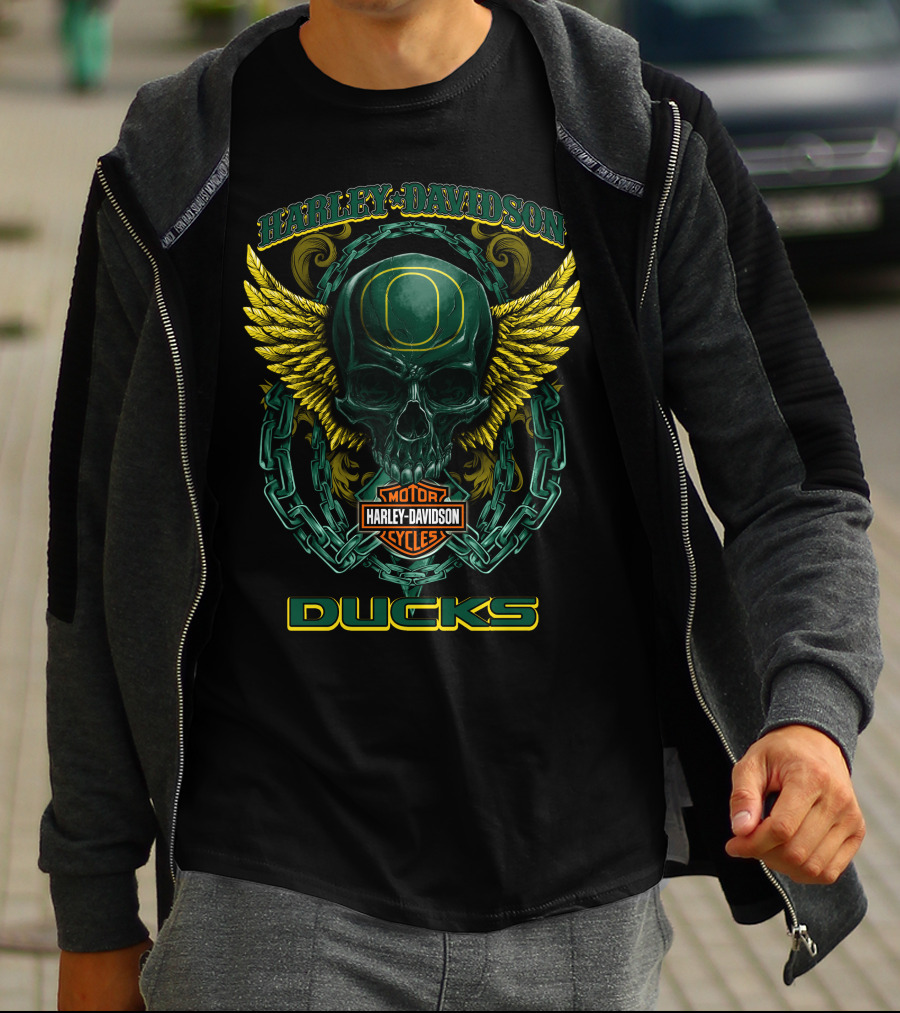 Harley Davidson Oregon Ducks Motorcycles Skull With Wings T-Shirt