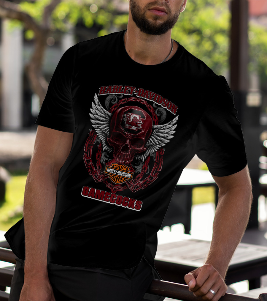 Harley Davidson South Carolina Gamecocks Skull Design With Wings And Chains T-Shirt