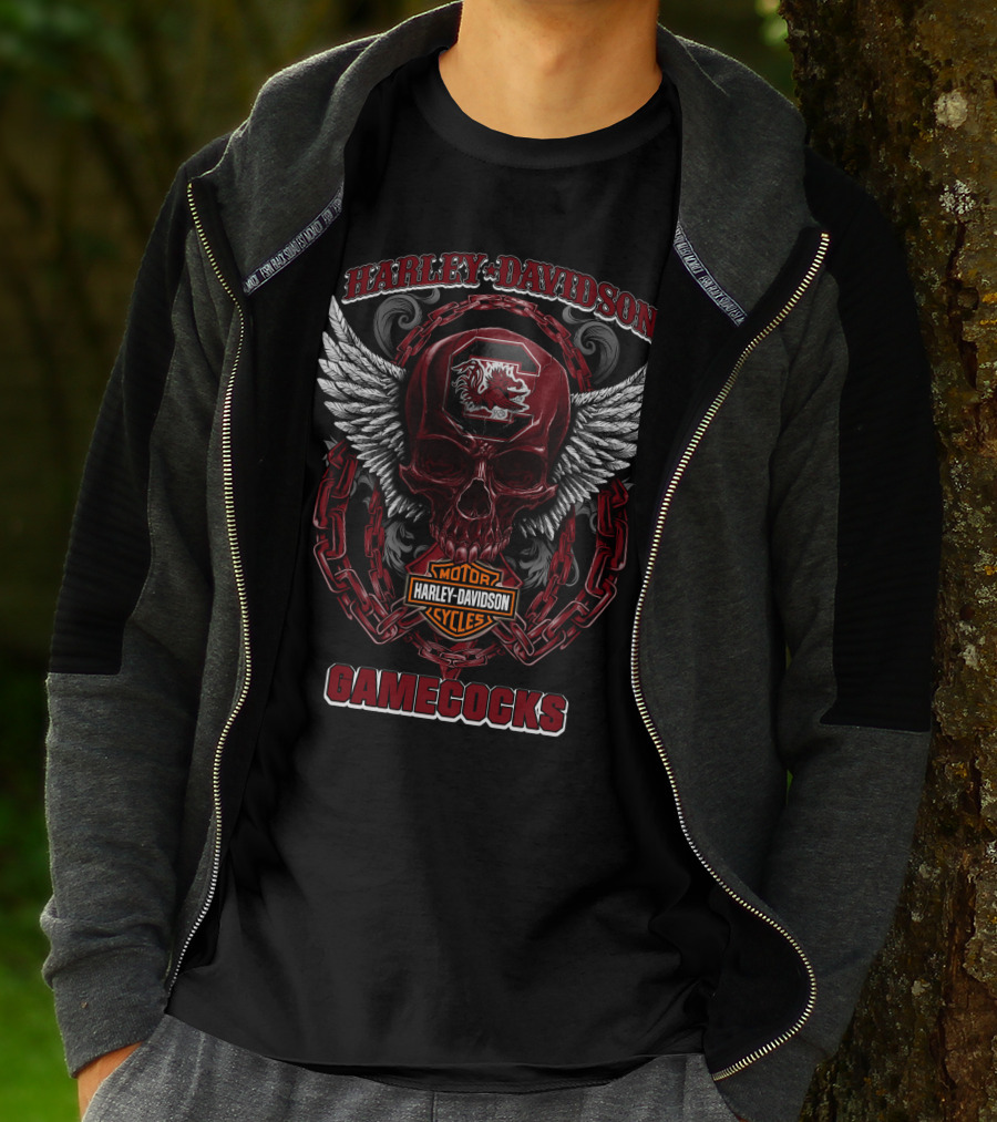 Harley Davidson South Carolina Gamecocks Skull Design With Wings And Chains T-Shirt