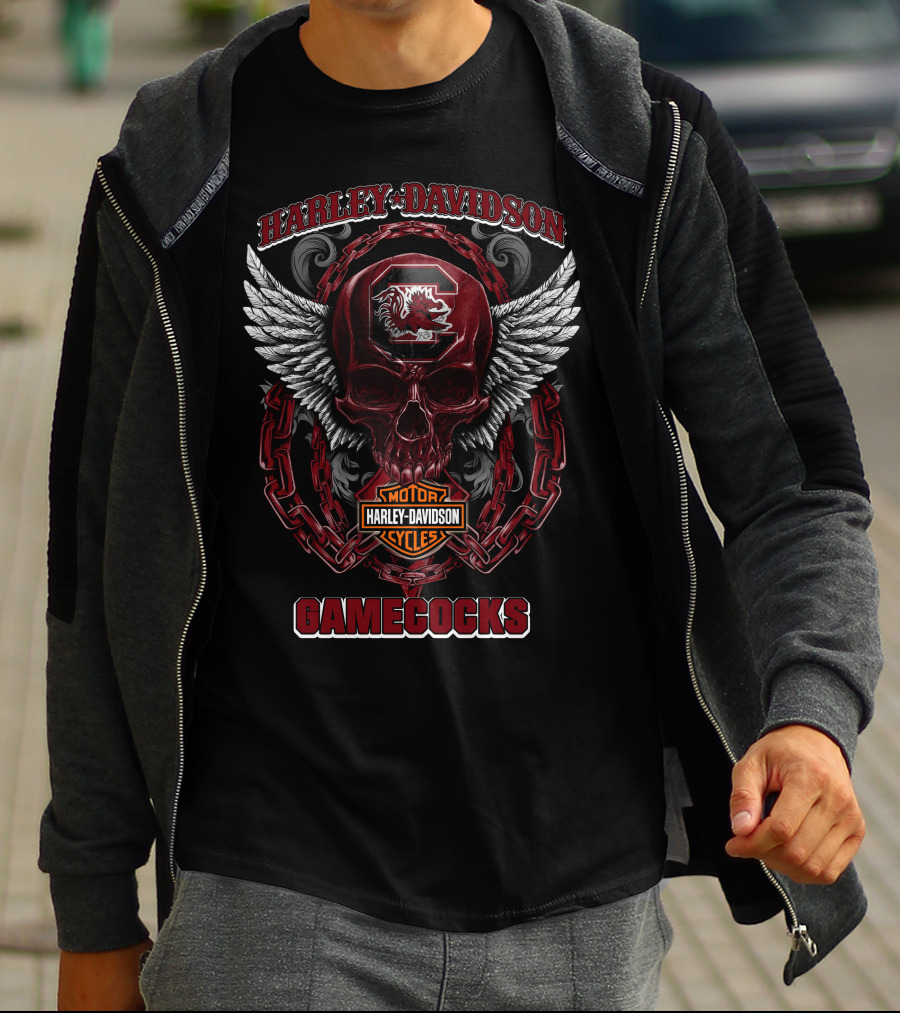 Harley Davidson South Carolina Gamecocks Skull Design With Wings And Chains T-Shirt
