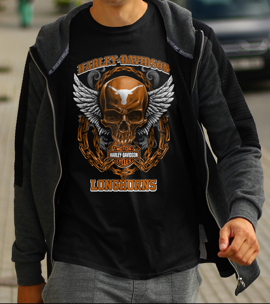 Harley Davidson Motorcycles Longhorns Skull With Wings And Chains T-Shirt