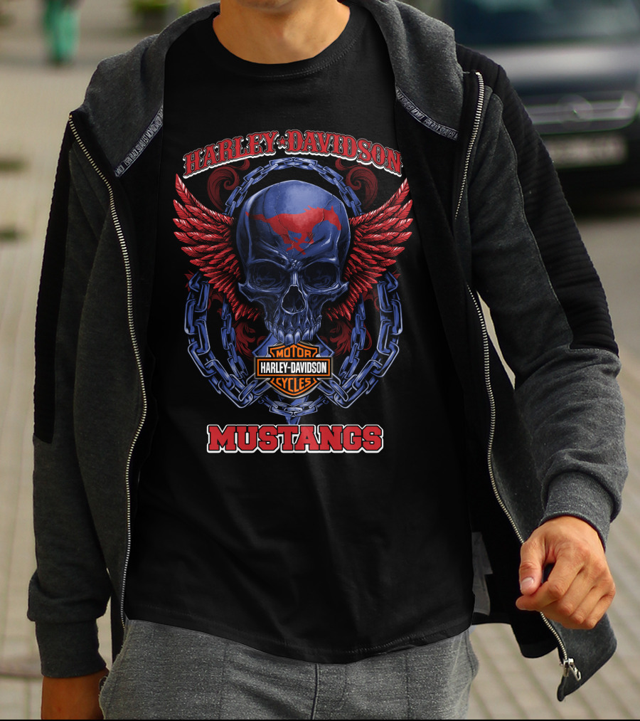 Harley Davidson Mustangs Skull With Wings And Chains T-Shirt