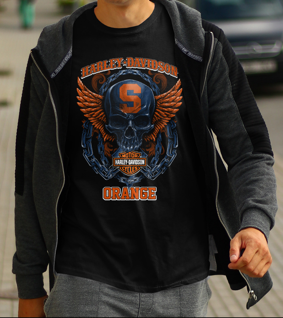 Harley Davidson Syracuse Orange Motor Cycles Skull Wings T-Shirt