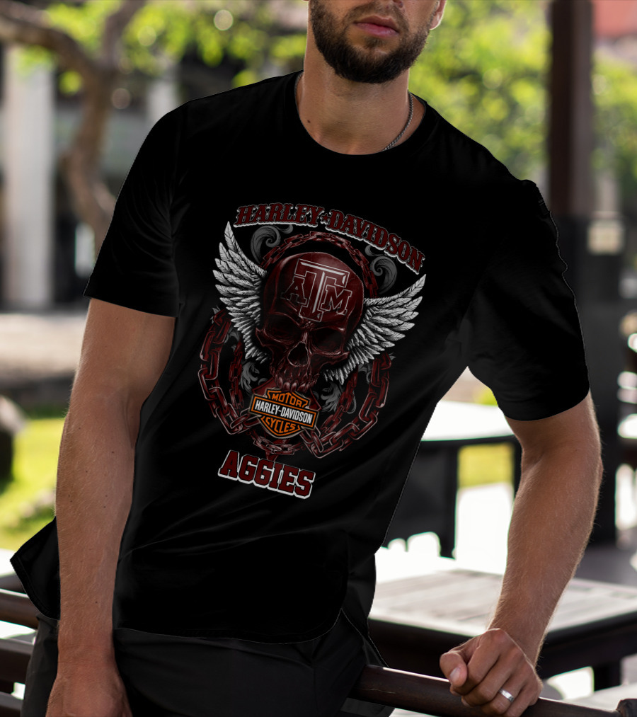 Harley Davidson Texas A&M Aggies Motorcycles Logo With Skull And Wings T-Shirt
