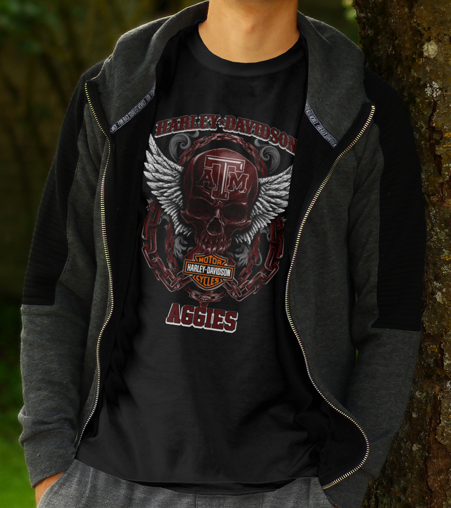 Harley Davidson Texas A&M Aggies Motorcycles Logo With Skull And Wings T-Shirt