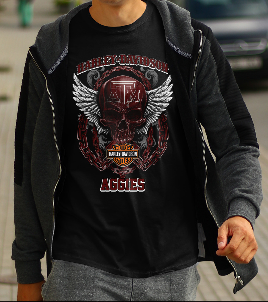 Harley Davidson Texas A&M Aggies Motorcycles Logo With Skull And Wings T-Shirt