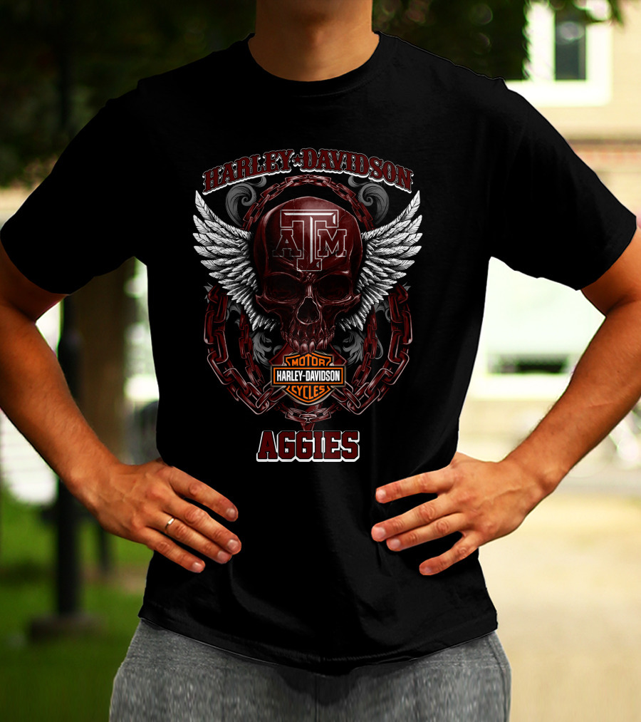 Harley Davidson Texas A&M Aggies Motorcycles Logo With Skull And Wings T-Shirt
