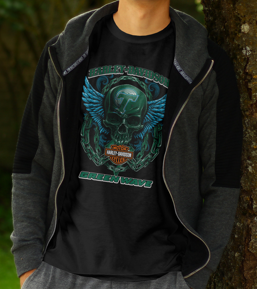 Harley Davidson Motorcycles Tulane Green Wave Skull Wings T-Shirt