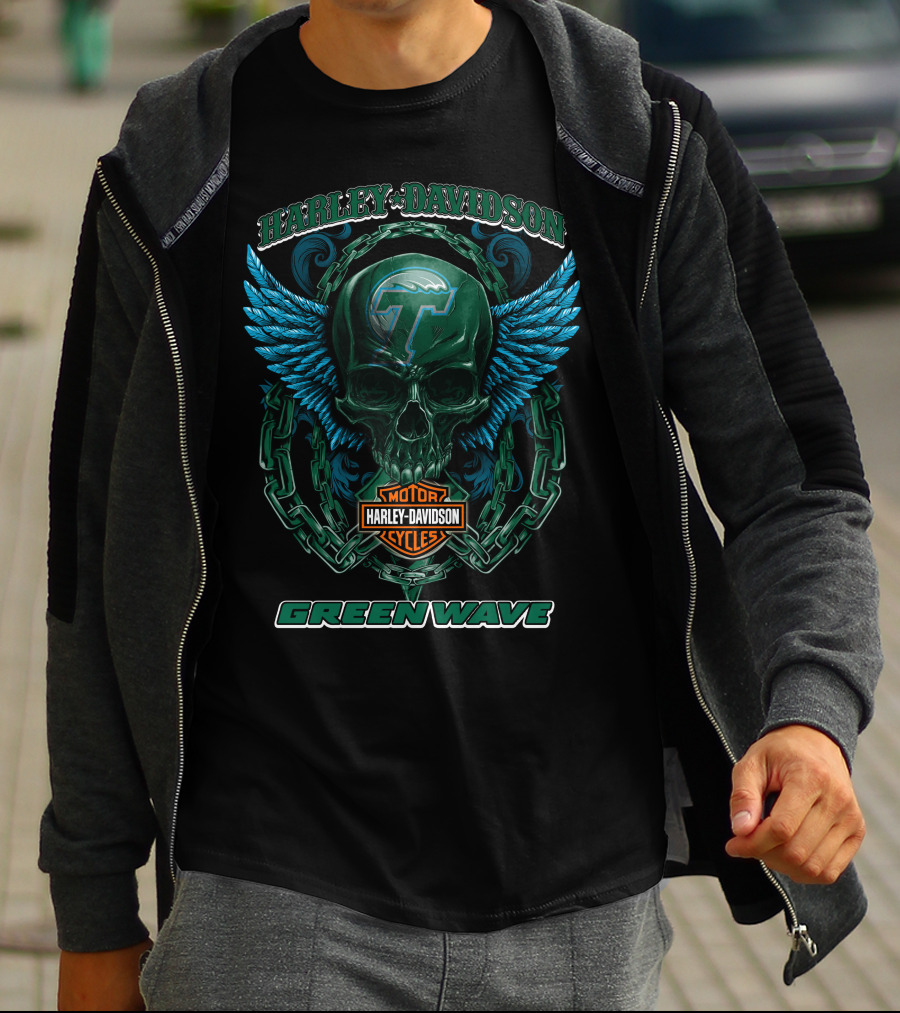 Harley Davidson Motorcycles Tulane Green Wave Skull Wings T-Shirt