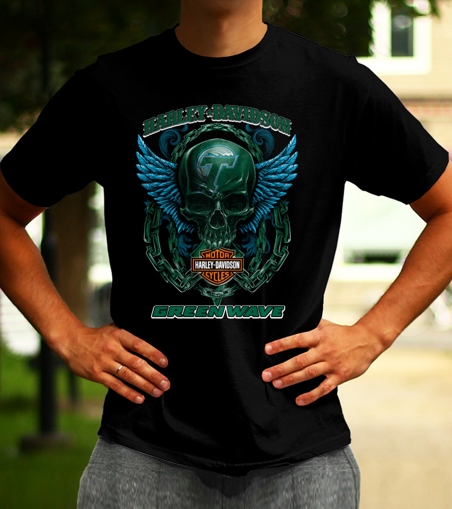 Harley Davidson Motorcycles Tulane Green Wave Skull Wings T-Shirt