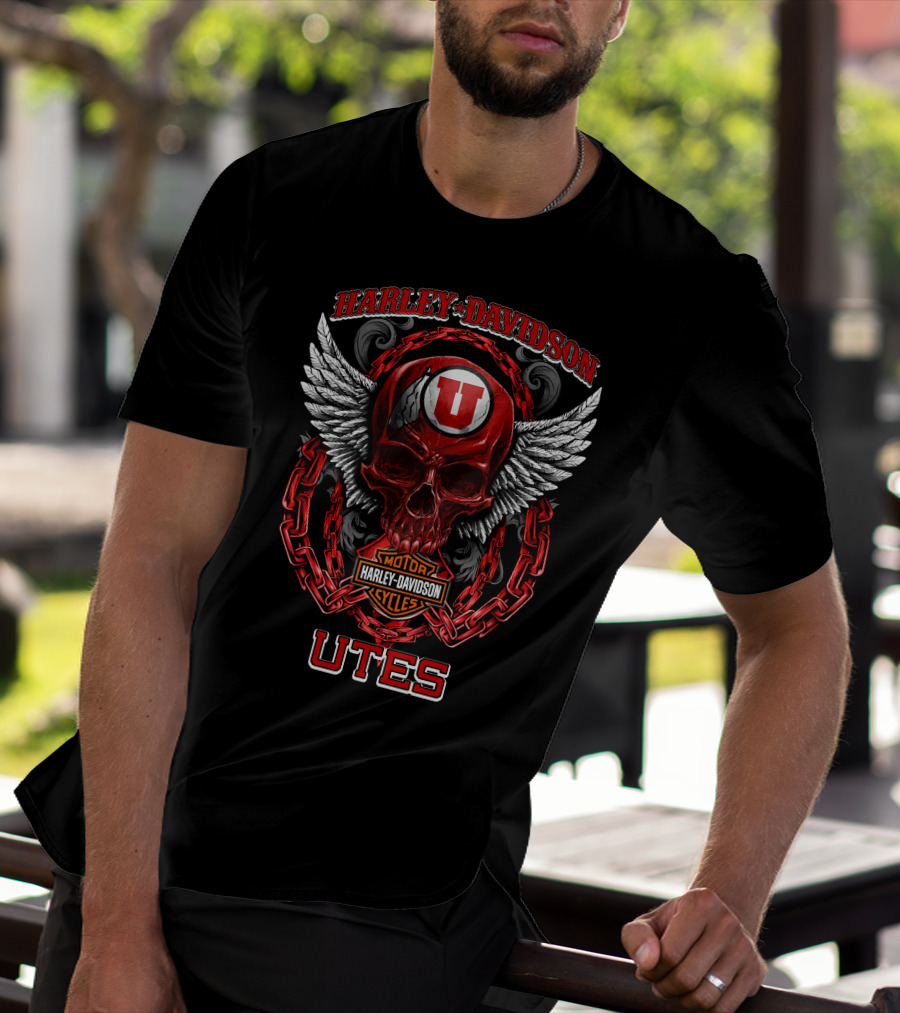 Harley Davidson Utah Utes Red Skull Wings Chains T-Shirt