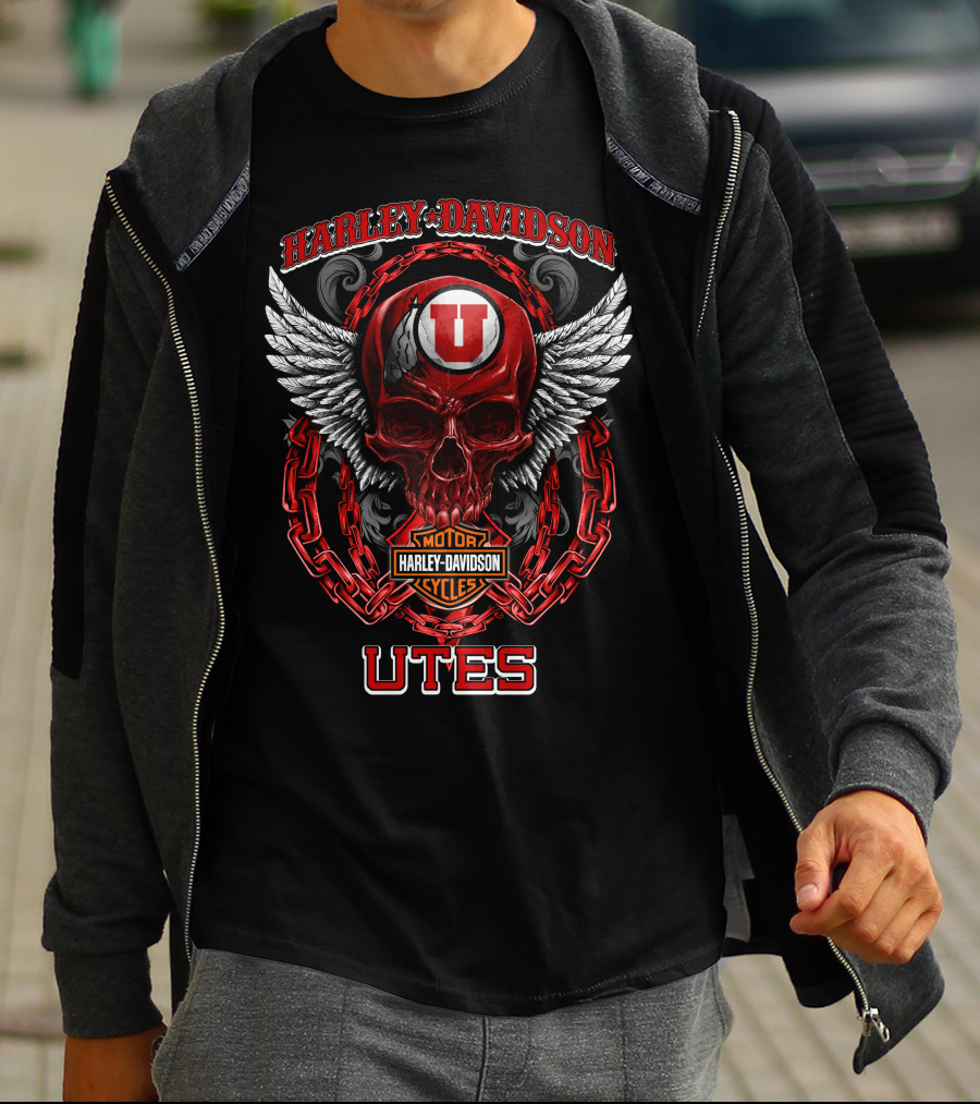 Harley Davidson Utah Utes Red Skull Wings Chains T-Shirt