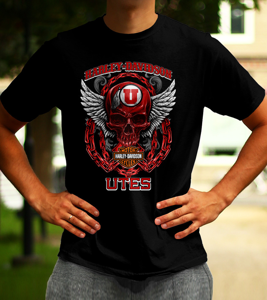 Harley Davidson Utah Utes Red Skull Wings Chains T-Shirt