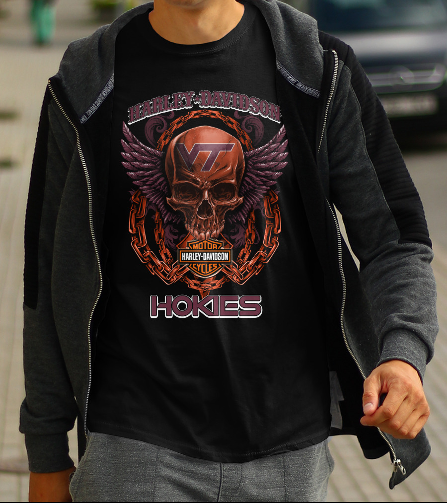 Harley Davidson Vt Motorcycles Hokies Skull Chain Wings T-Shirt