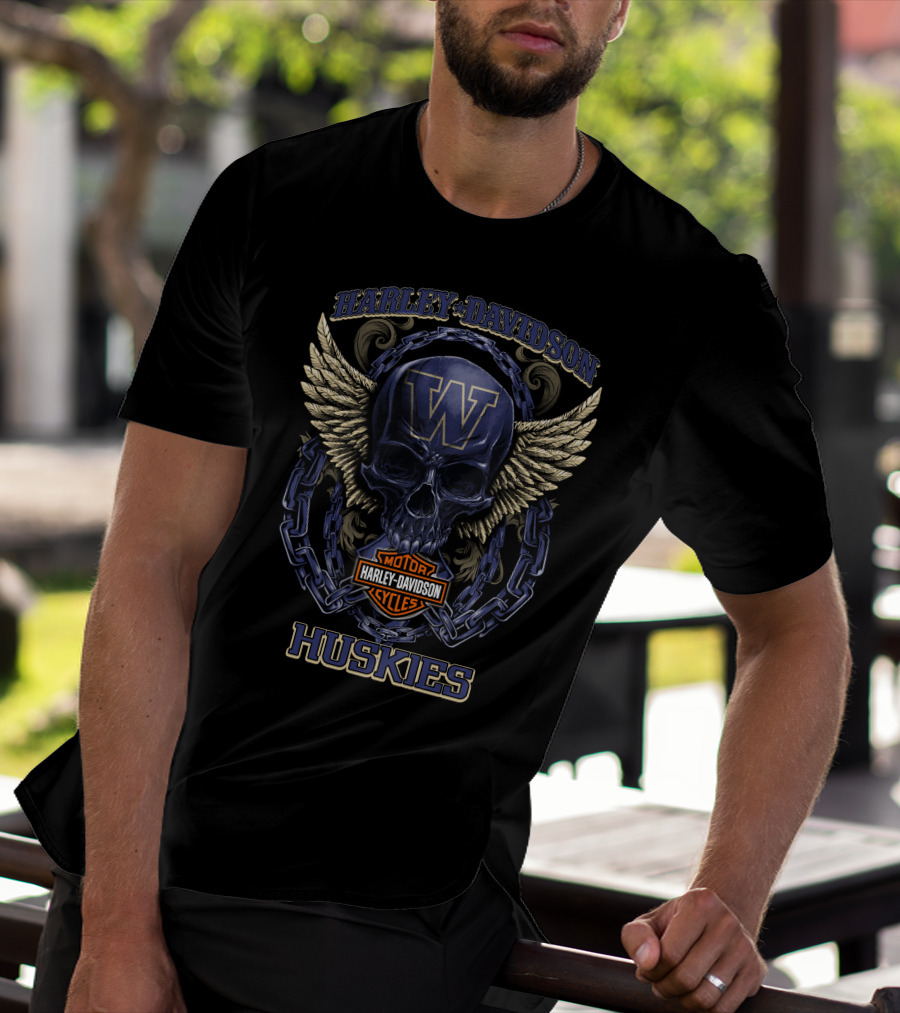 Harley Davidson Washington Huskies Skull Winged Logo Chain T-Shirt