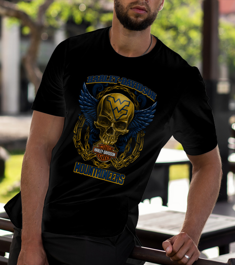 Harley Davidson West Virginia Mountaineers Motorcycles Skull Wings T-Shirt