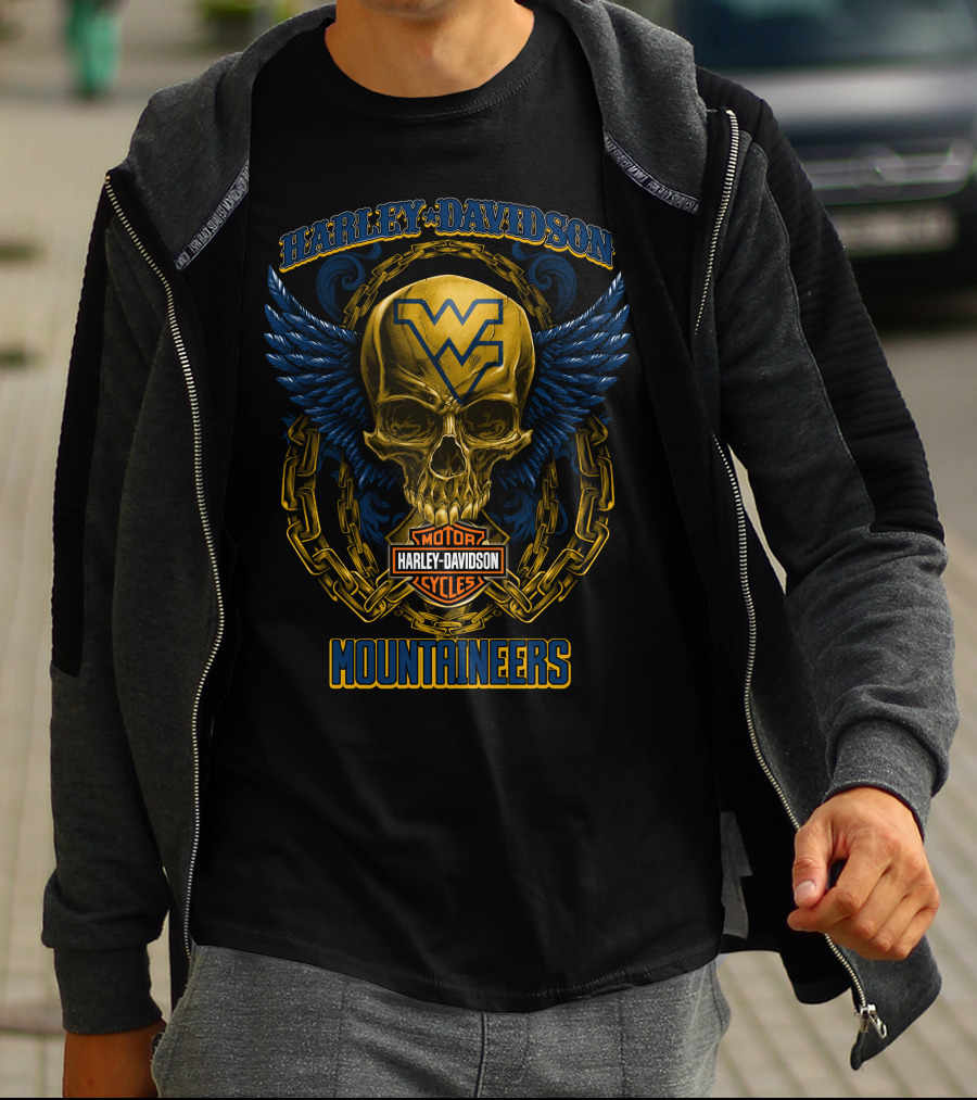 Harley Davidson West Virginia Mountaineers Motorcycles Skull Wings T-Shirt
