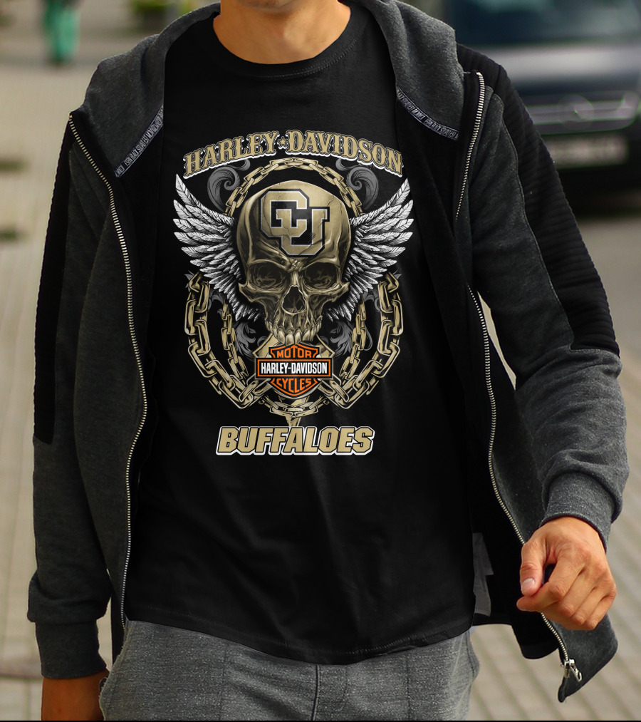 Harley Davidson Motor Cycles Colorado Buffaloes Skull Logo Chains Wings T-Shirt