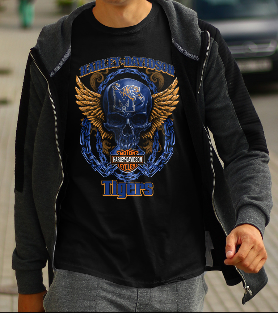 Harley Davidson Memphis Tigers Ncaa3 Skull Wings Chain T-Shirt