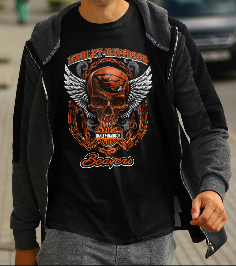 Harley Davidson Oregon State Beavers Skull Motor Cycles T-Shirt