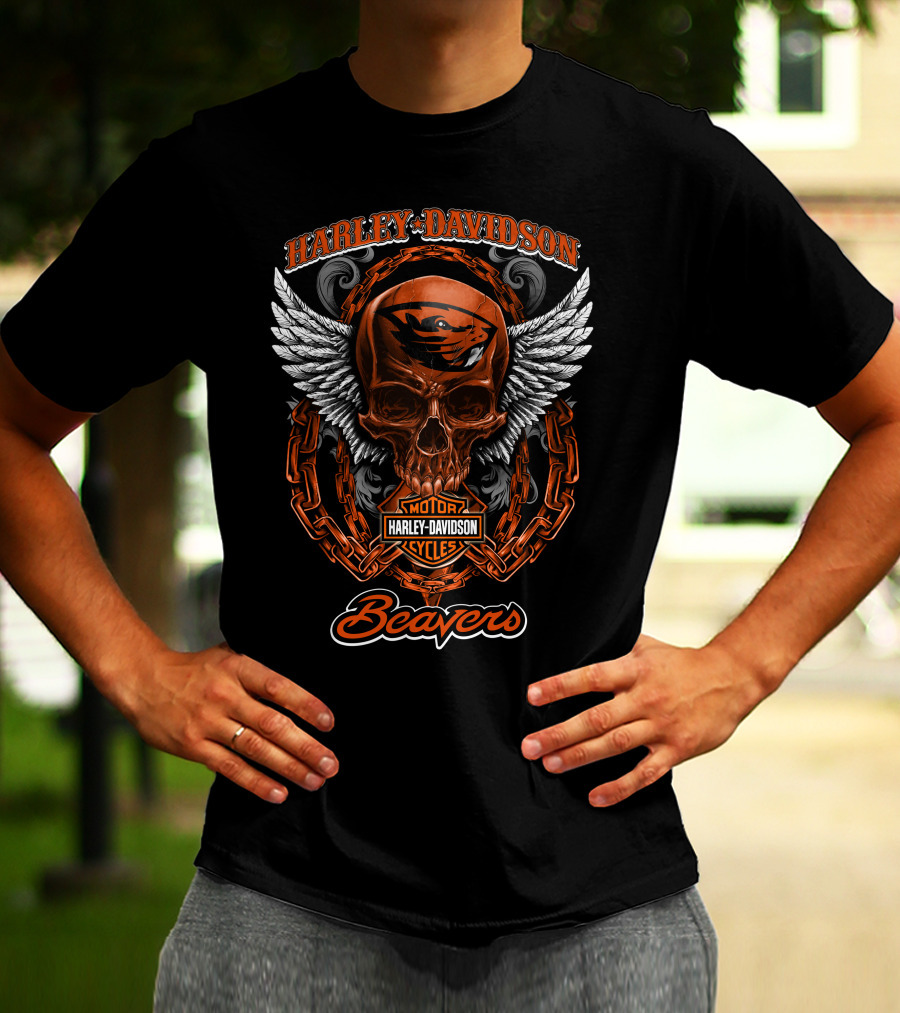 Harley Davidson Oregon State Beavers Skull Motor Cycles T-Shirt