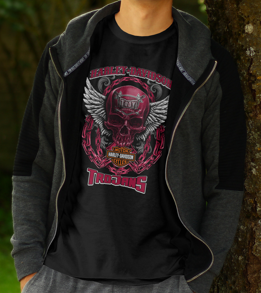 Harley Davidson Troy Trojans Motorcycles Skull With Wings And Chains T-Shirt