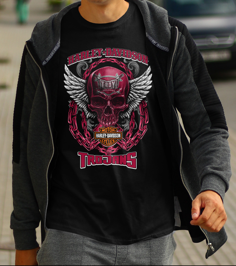 Harley Davidson Troy Trojans Motorcycles Skull With Wings And Chains T-Shirt