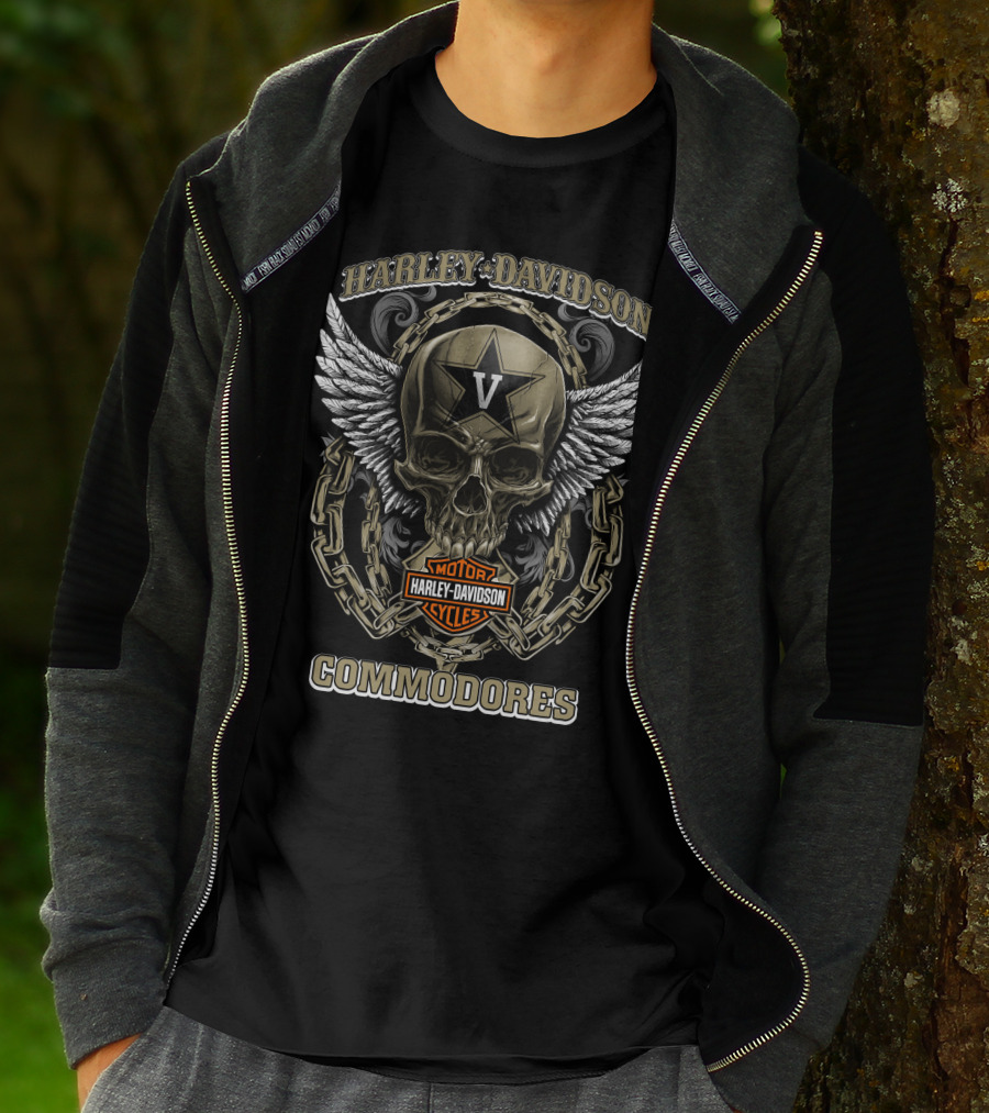 Harley Davidson Motorcycles Commodores Vanderbilt V Skull Wings Chains T-Shirt