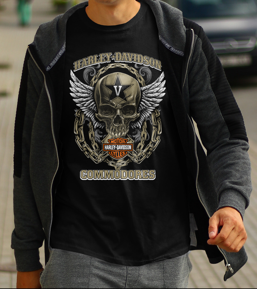 Harley Davidson Motorcycles Commodores Vanderbilt V Skull Wings Chains T-Shirt