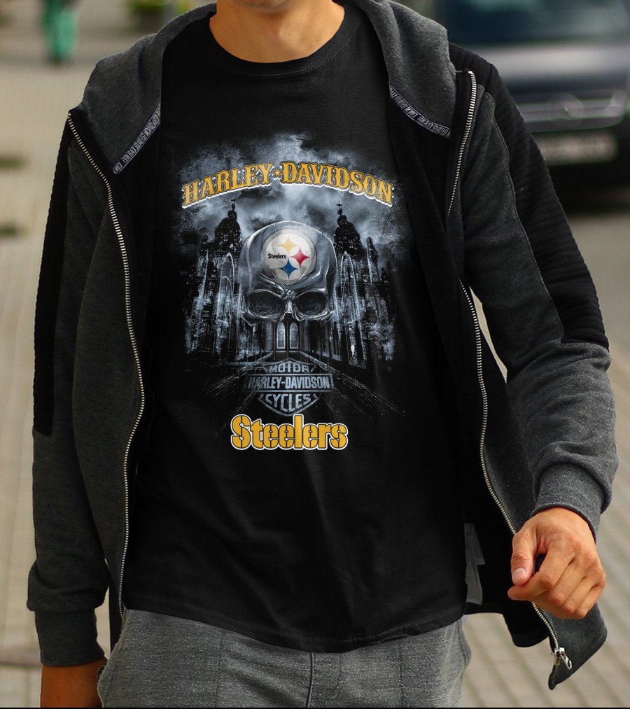 Harley Davidson Steelers Skull Motor Cycles Pittsburgh Nfl T-Shirt