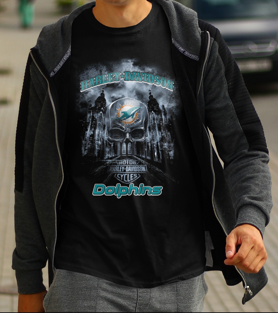 Harley Davidson Miami Dolphins Nfl Skull Motor Cycles T-Shirt