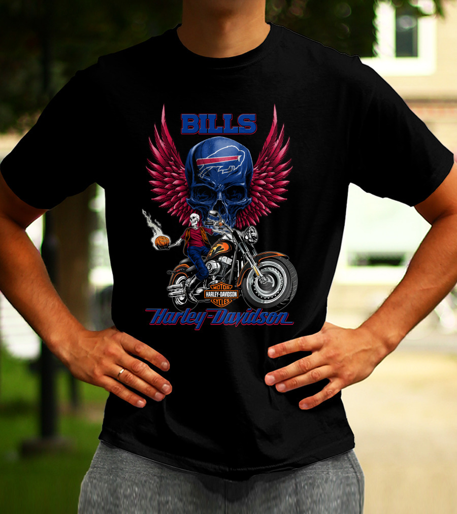 Bills Harley Davidson Motorcycle Skull Wings Nfl Buffalo Riders T-Shirt
