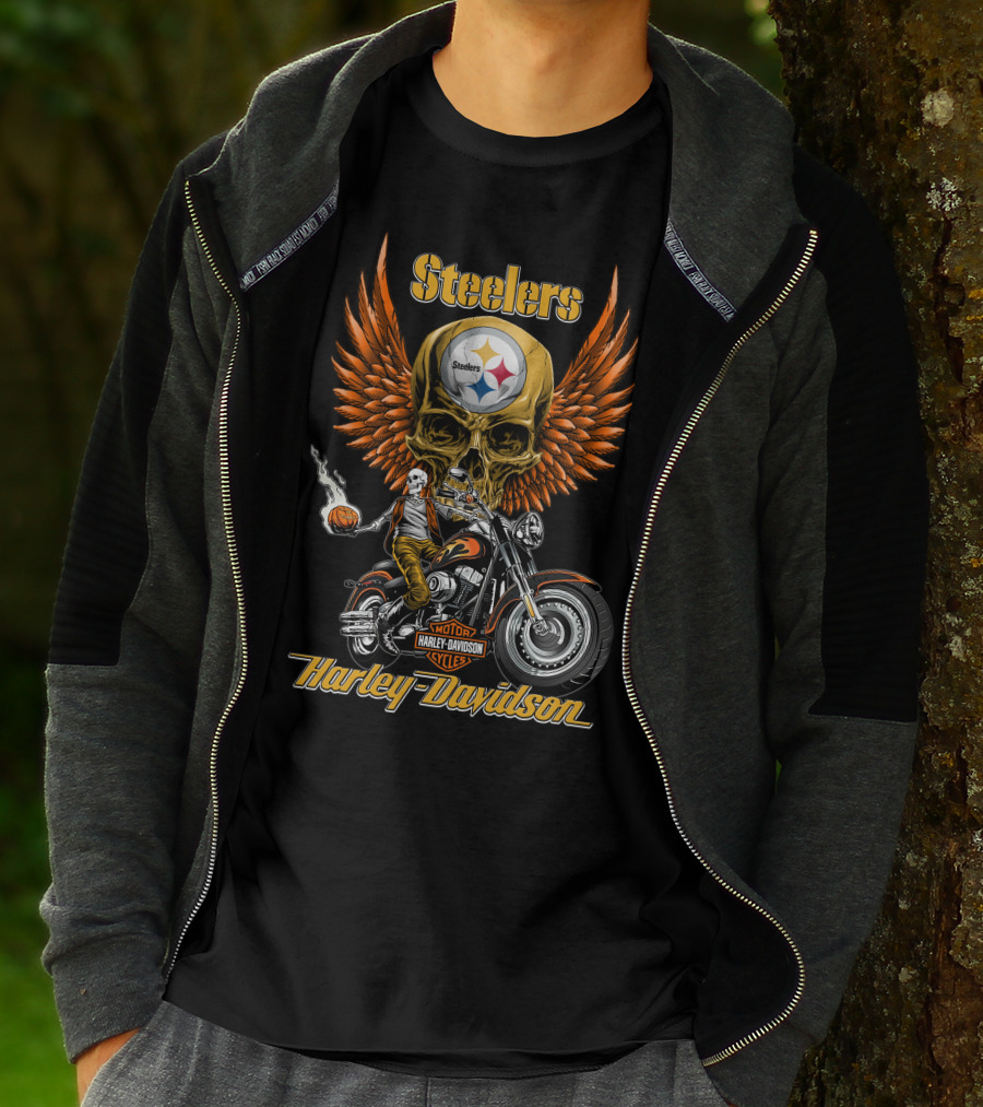 Steelers Harley Davidson Motor Cycles Skull Wings Nfl Pittsburgh T-Shirt