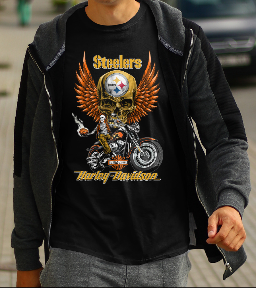 Steelers Harley Davidson Motor Cycles Skull Wings Nfl Pittsburgh T-Shirt