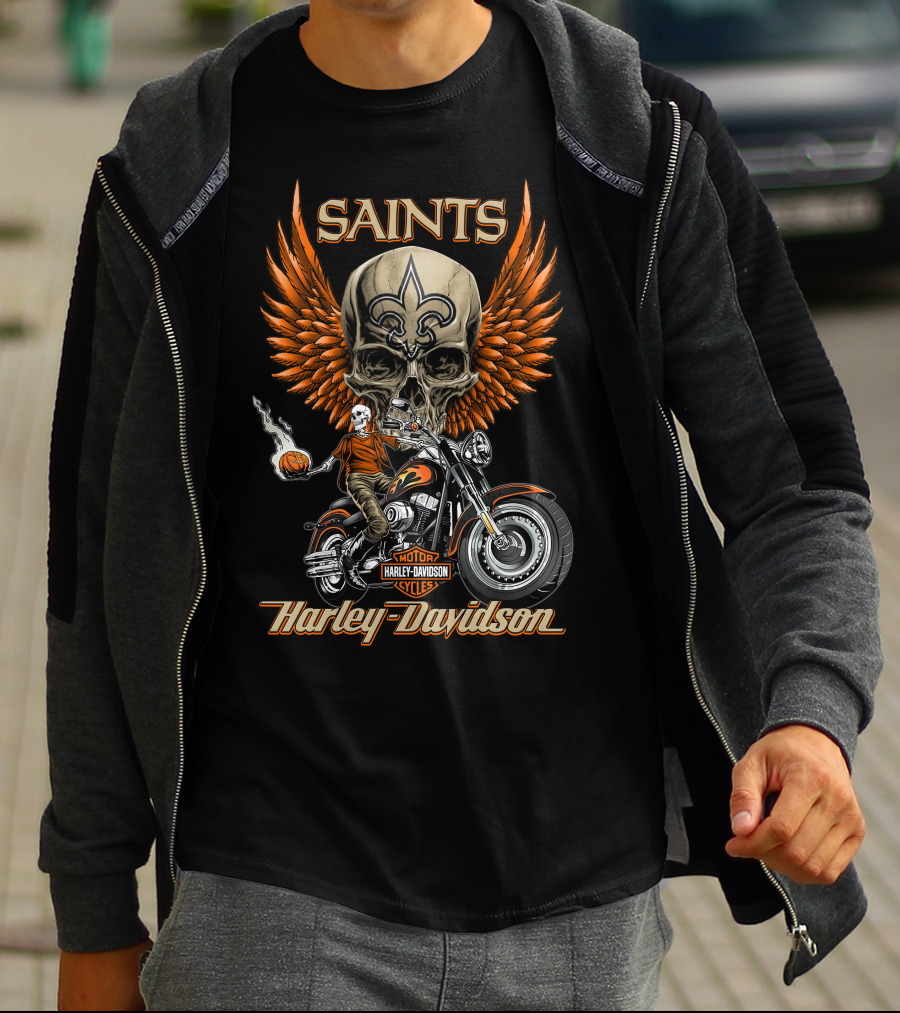 Saints Harley Davidson Motorcycles Nfl New Orleans Skull Wings T-Shirt