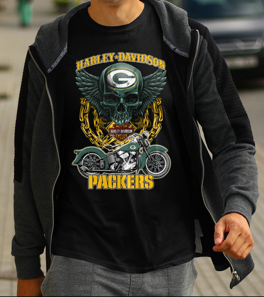 Harley Davidson Green Bay Packers Motorcycle Skull Nfl Packers T-Shirt