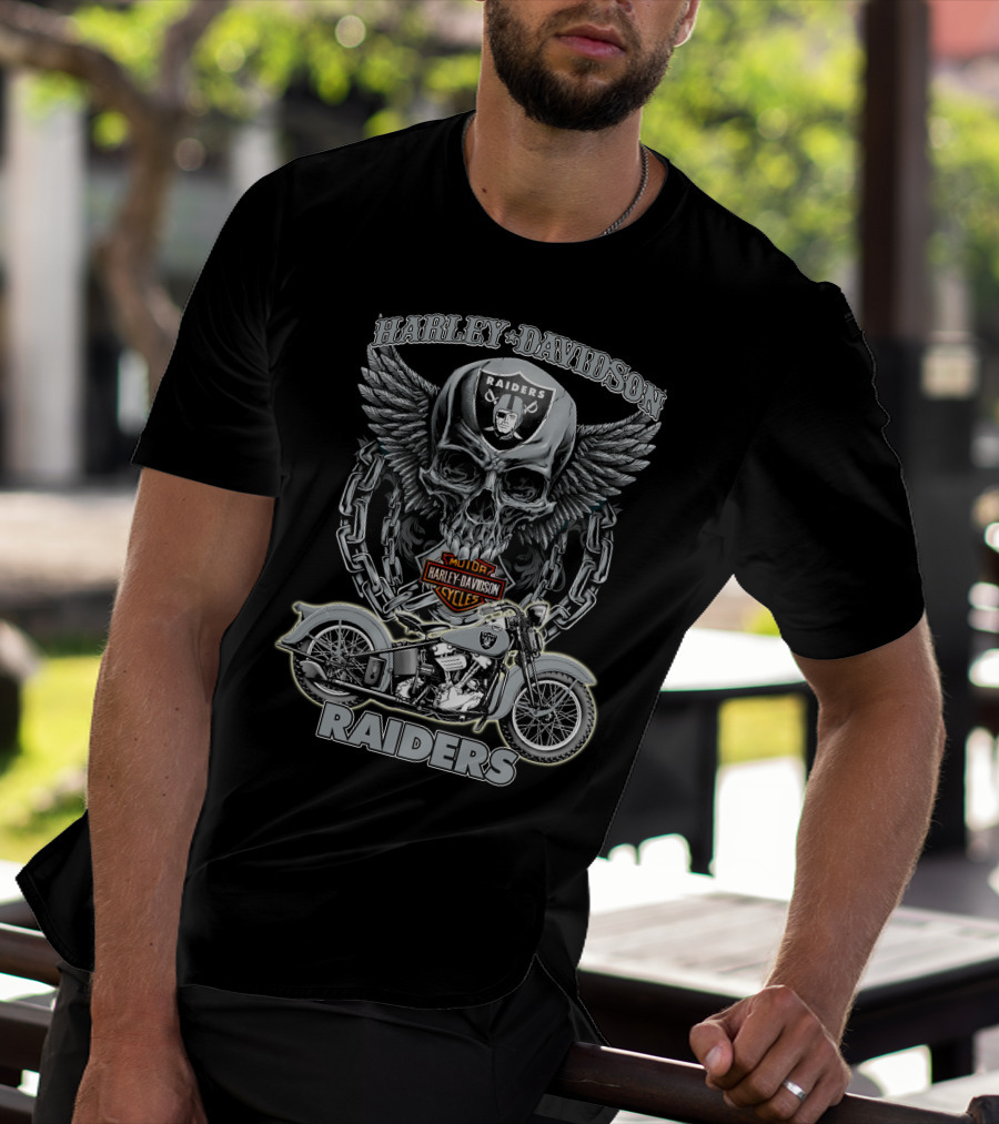Harley Davidson Raiders Skull And Motorcycle Nfl Las Vegas Raiders T-Shirt