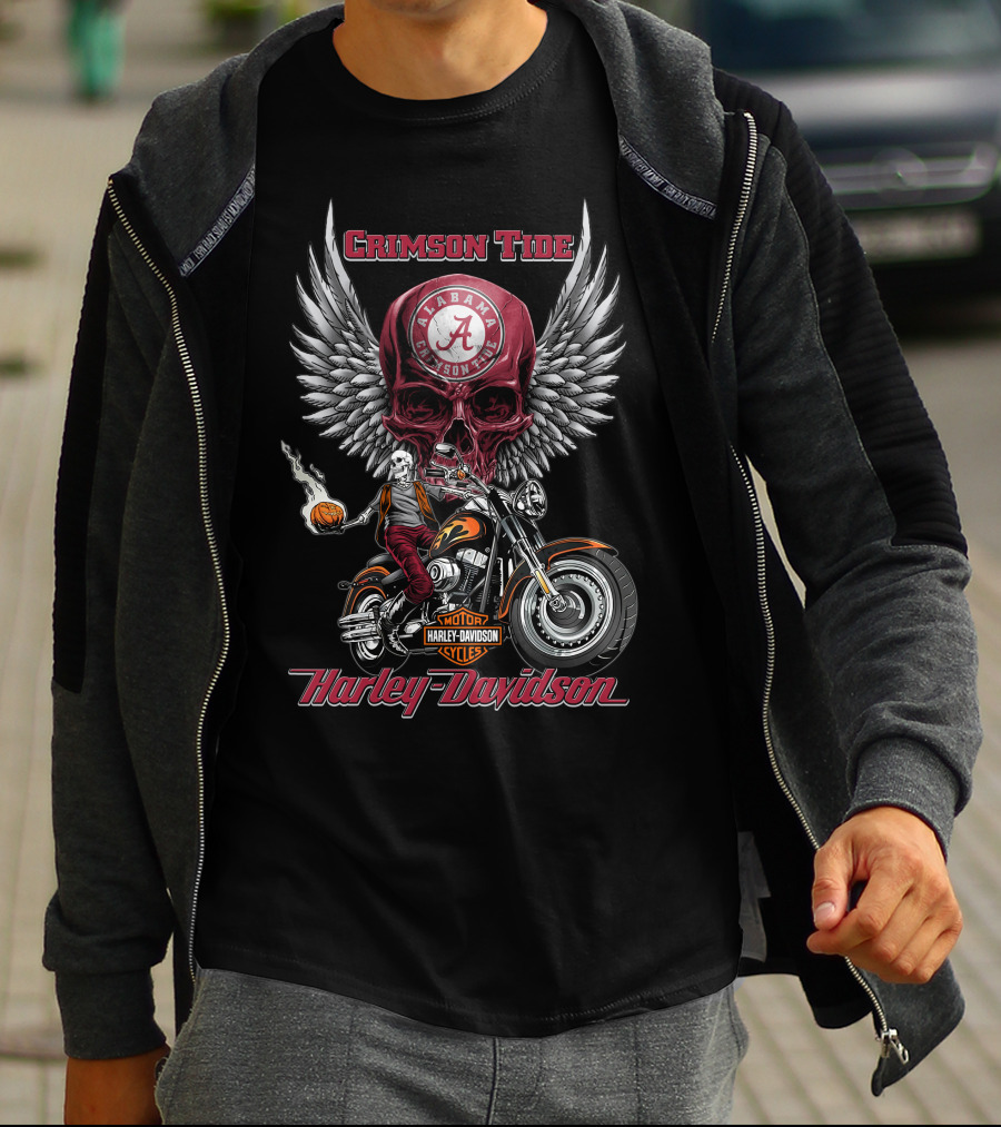 Crimson Tide Alabama Harley Davidson Motorcycles Ncaa Skull Wings T-Shirt