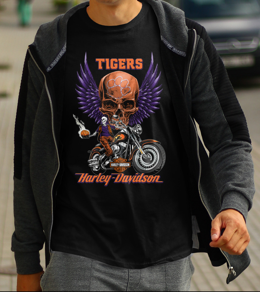 Tigers Harley Davidson Purple Wings Skull Motorcycle Basketball T-Shirt