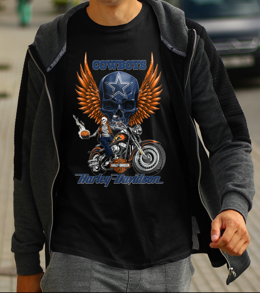 Cowboys Harley Davidson Motor Cycles Skull Star Wings T-Shirt