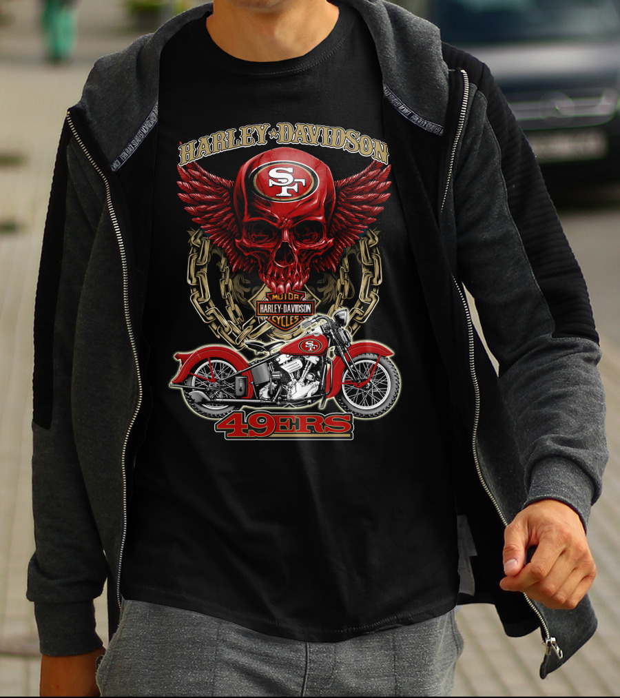 San Francisco 49ers Harley Davidson Motorcycle Skull Design Nfl 49ers T-Shirt