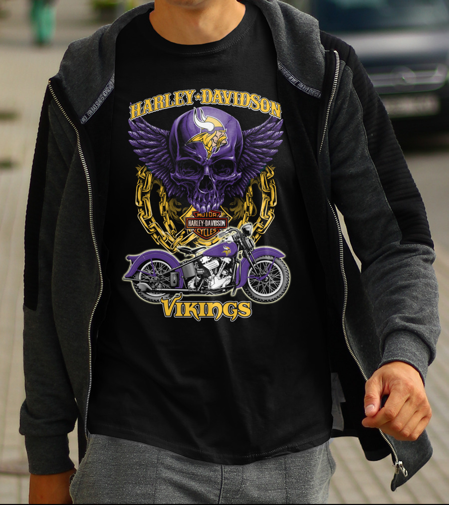 Harley Davidson Minnesota Vikings Nfl Motorcycle Cycles Skull T-Shirt