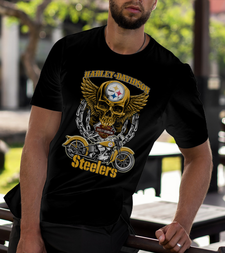Pittsburgh Steelers Harley Davidson Winged Skull Motorcycle Nfl Hd18 T-Shirt