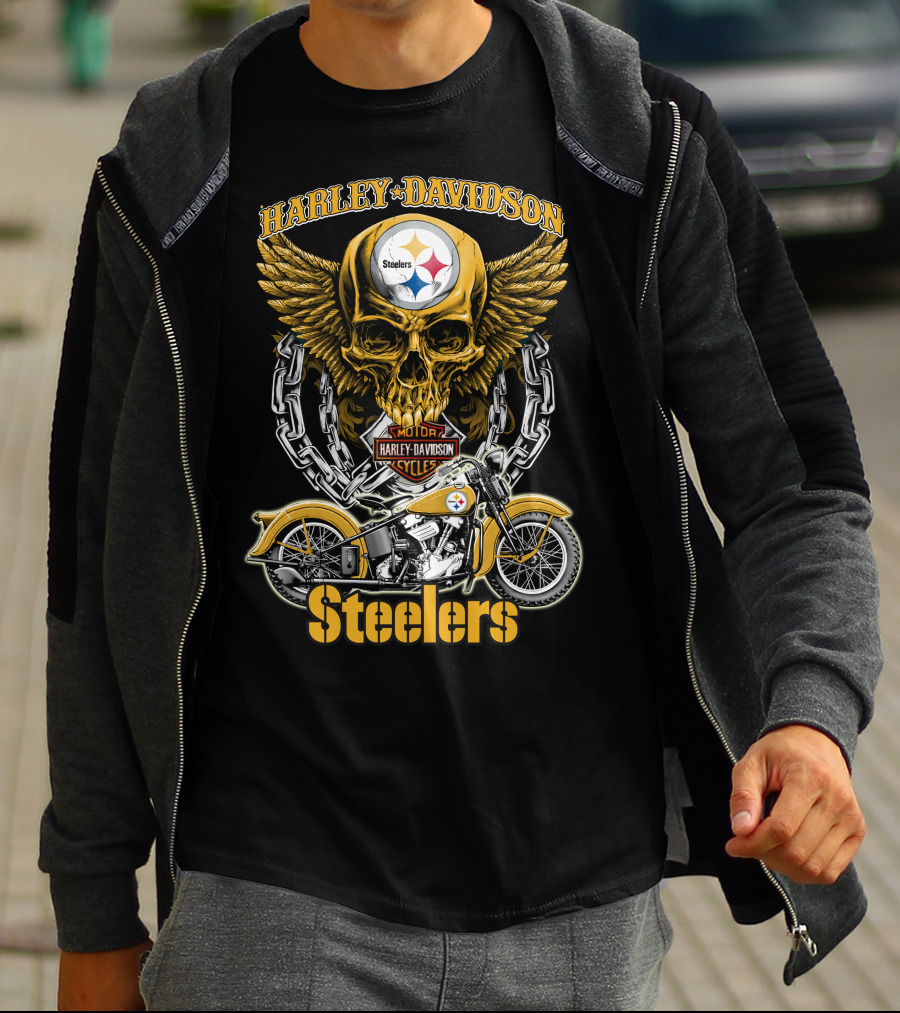 Pittsburgh Steelers Harley Davidson Winged Skull Motorcycle Nfl Hd18 T-Shirt
