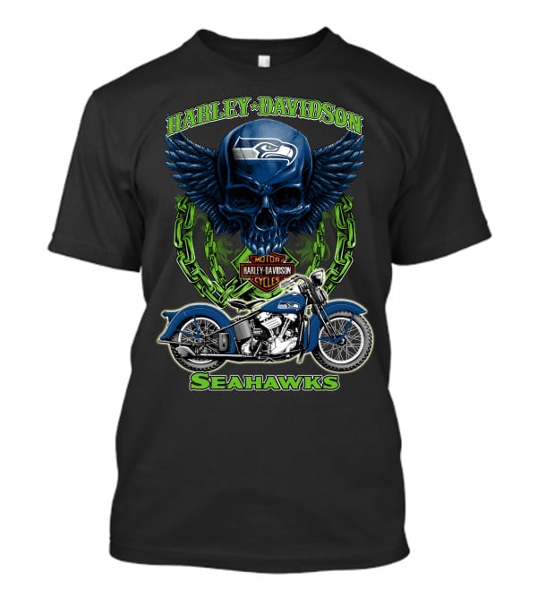 Harley Davidson Motorcycles Skull With Seattle Seahawks Logo And Bike Nfl Hd18 T-Shirt