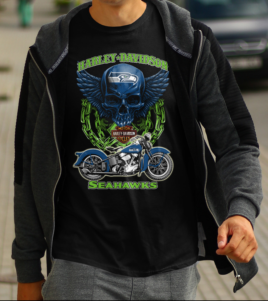 Harley Davidson Motorcycles Skull With Seattle Seahawks Logo And Bike Nfl Hd18 T-Shirt