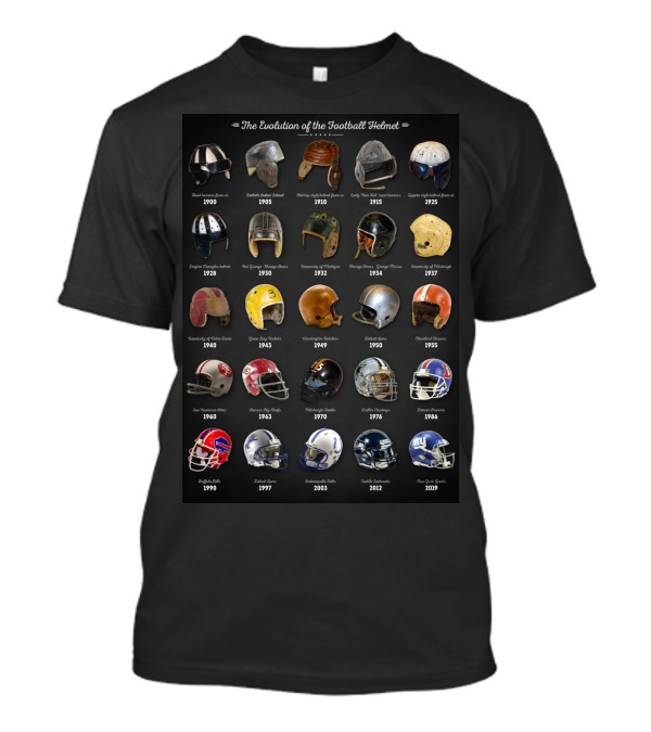 The Evolution Of The Football Helmet 1910-2009 Featuring Zuppke, Spalding, MacGregor, Riddell, Schutt, Rawlings, And Wilson Football Helmets T-Shirt
