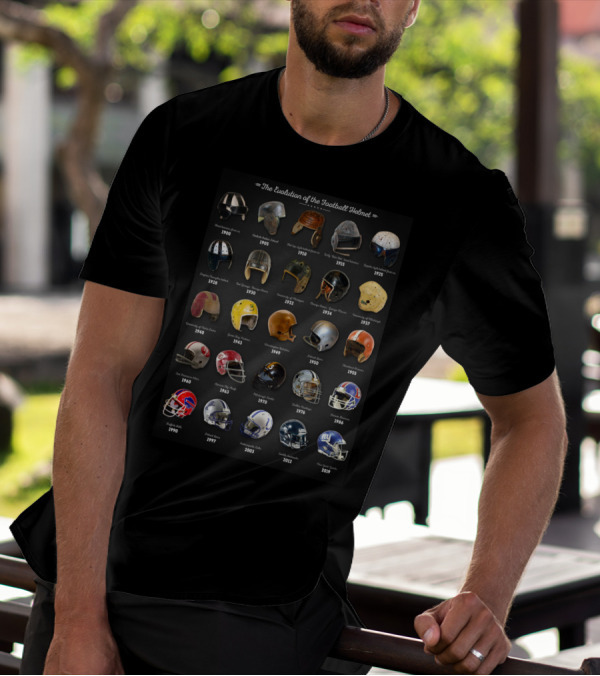 The Evolution Of The Football Helmet 1910-2009 Featuring Zuppke, Spalding, MacGregor, Riddell, Schutt, Rawlings, And Wilson Football Helmets T-Shirt